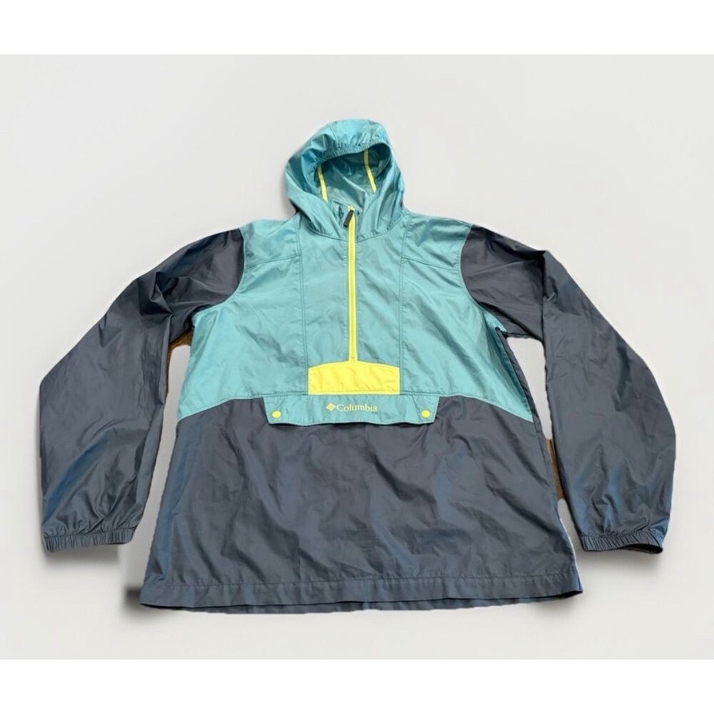 Columbia Mens Windbreaker Pullover Hooded‎ Jacket Teal Yellow Trim Small
